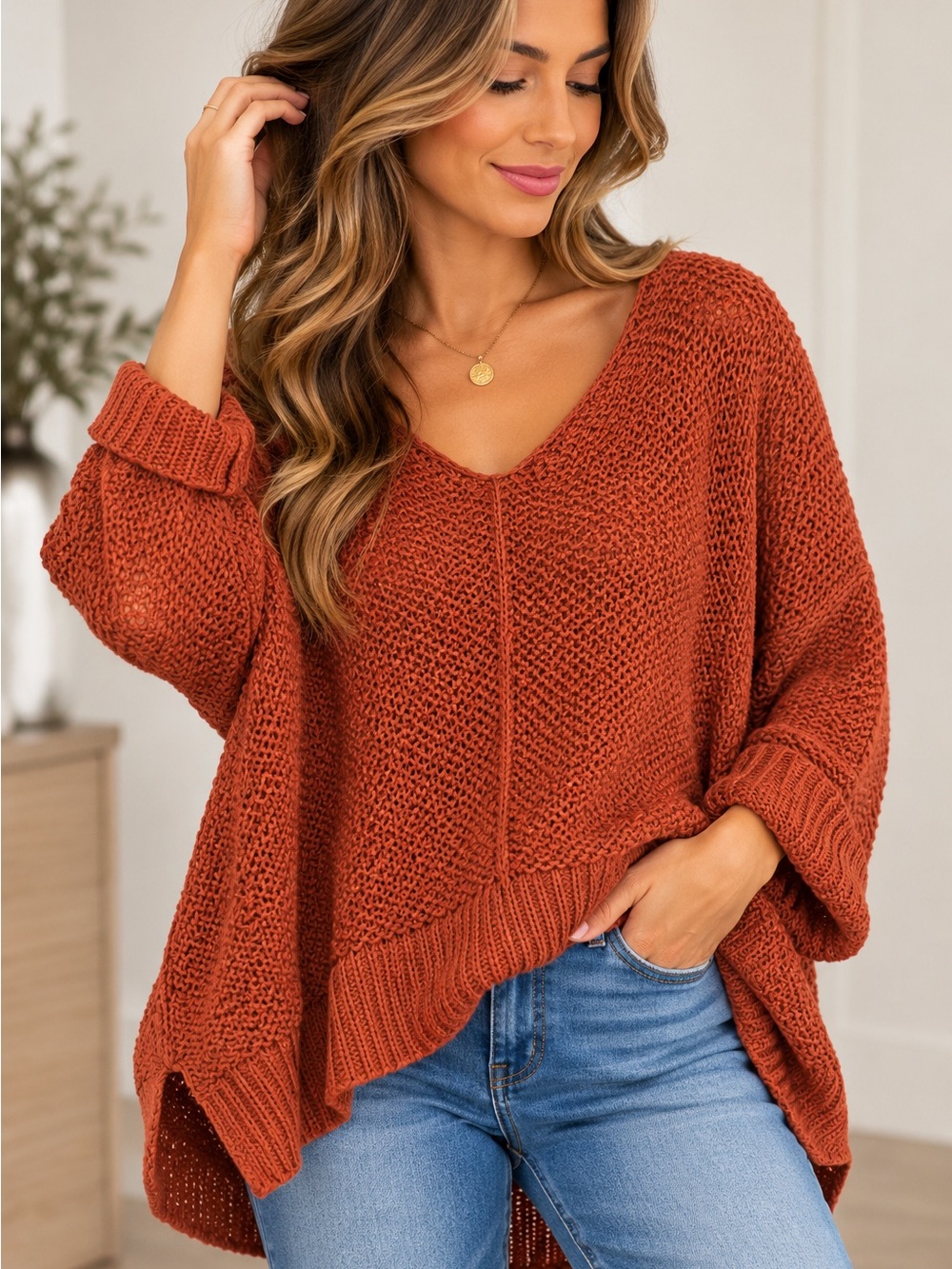 She + Sky Rust Oversized Open Knit V-Neck Hi-Low Sweater One Size in Rust